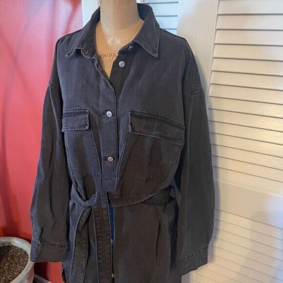 H&M DENIM | black belted denim oversized button down dress L - Picture 2 of 11